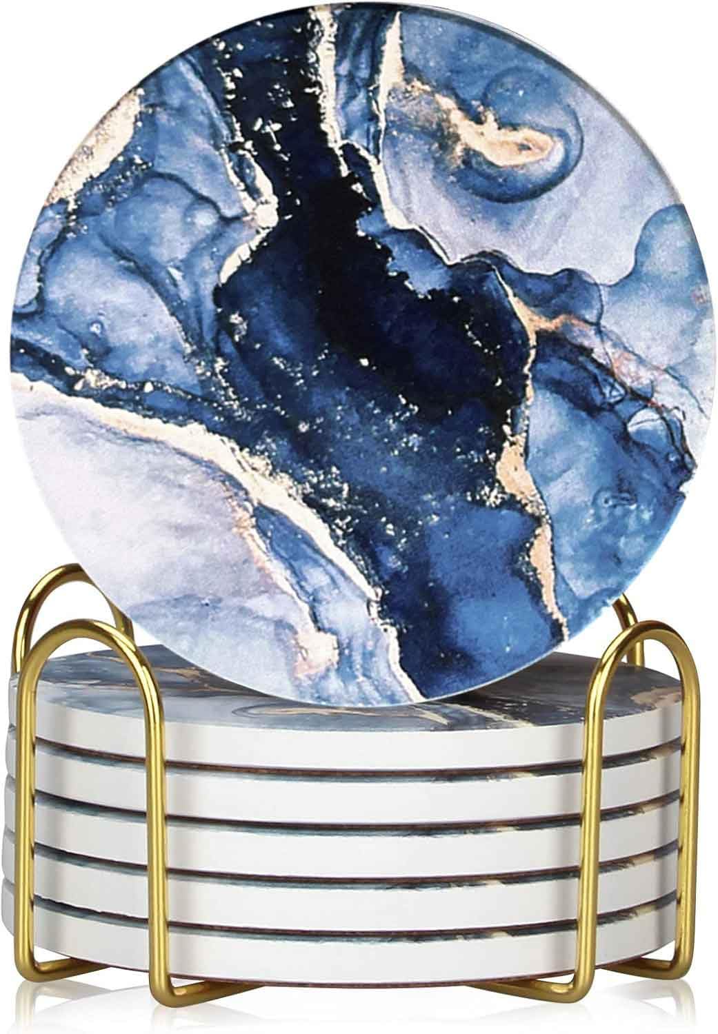 Drink Coasters with Holder 6 Pack, Ceramic Marble Style, Absorbent Abstract Coasters Set, 4in Cup Mat for Any Cups, Home, Living Room Decor, Tabletop-Protection for Coffee Beverage-Navy Blue