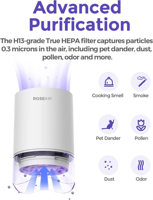 ROSEKM Small Air Purifier for Bedroom & Desk, 50 Sq Ft, H13 HEPA, White