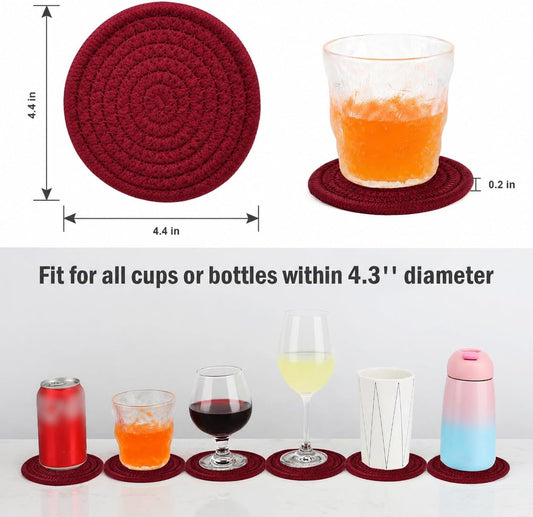 ABenkle 8 Pcs Drink Coasters with Holder, Cotton Woven Absorbent Coasters for Drinks, Minimalist Home Decor Coaster Set for Wooden Tabletop Protection Table, 4.3 inches