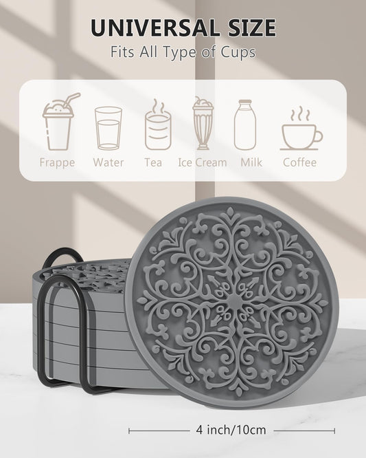 Drink Coasters, Coasters Set of 6 with Holder, Non-Slip Silicone Cup Mat