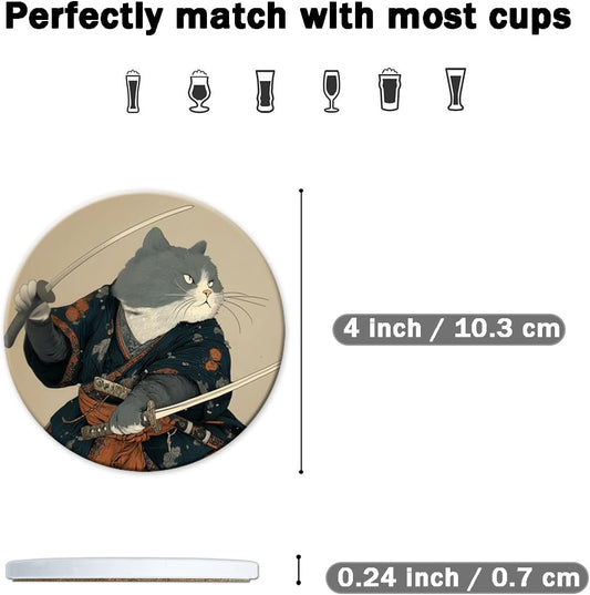 Dooke Coasters for Drinks, Round Absorbent Ceramic Stone Coasters Set of 6 with Cork Base, Funny Drink Coasters with Holder for Cold Drinks Wine Mugs and Cups Tabletop Protection,Japanese Cat