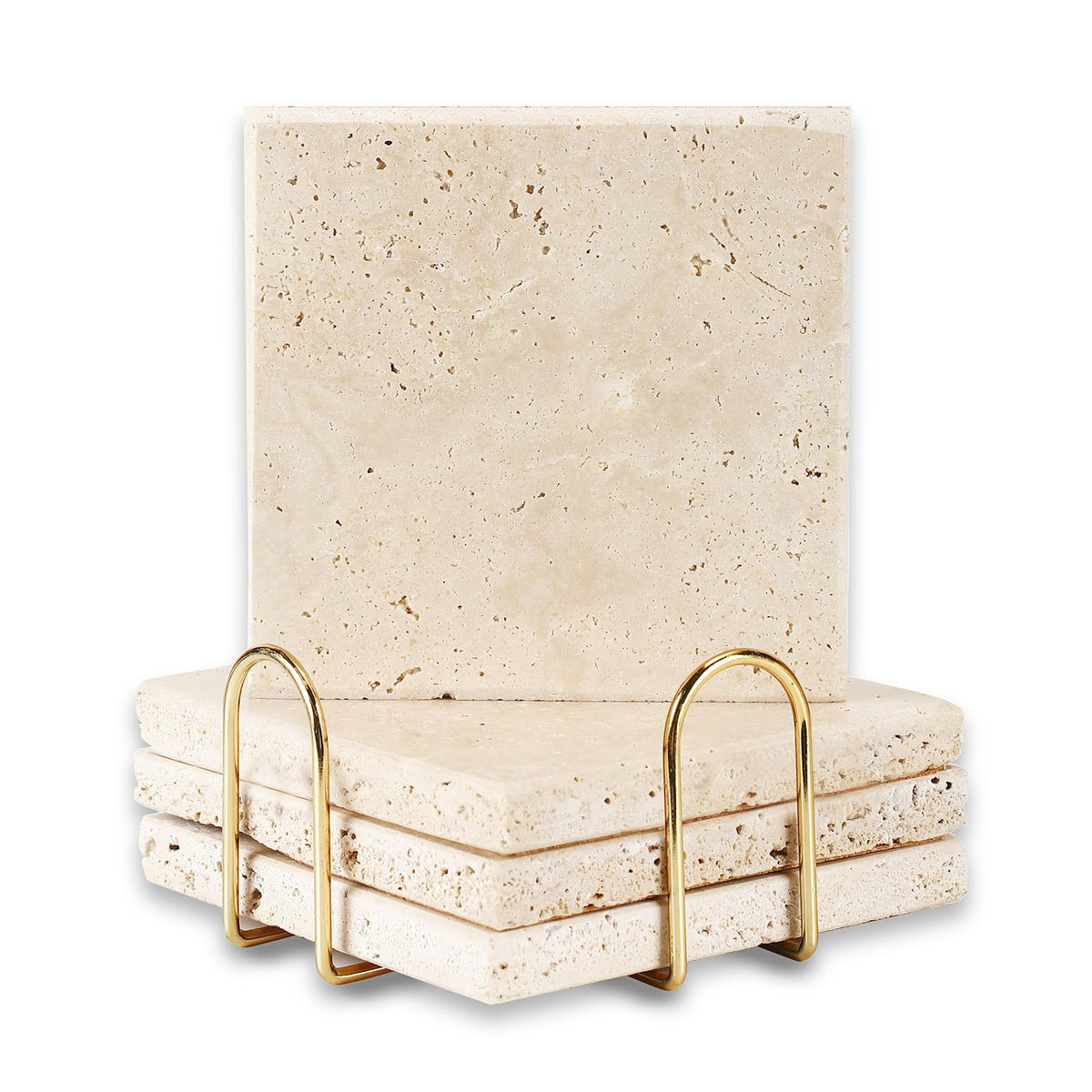 Travertine Coasters with Gold Holder, Set of 4 Natural Stone, Cork Backing