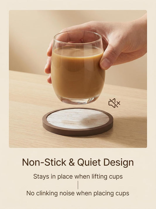 Absorbent Coasters for Drinks with Holder - 6packs, Silicone Coasters with Soft Felt Insert, Dual-Sided 3 Wood-Themed Patterns, Reusable Table Protection Mats for Coffee/Tea/Wine/Cans