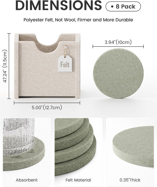 Fluxynara Felt Coasters with Holder, Set of 8 for Drinks, Sage