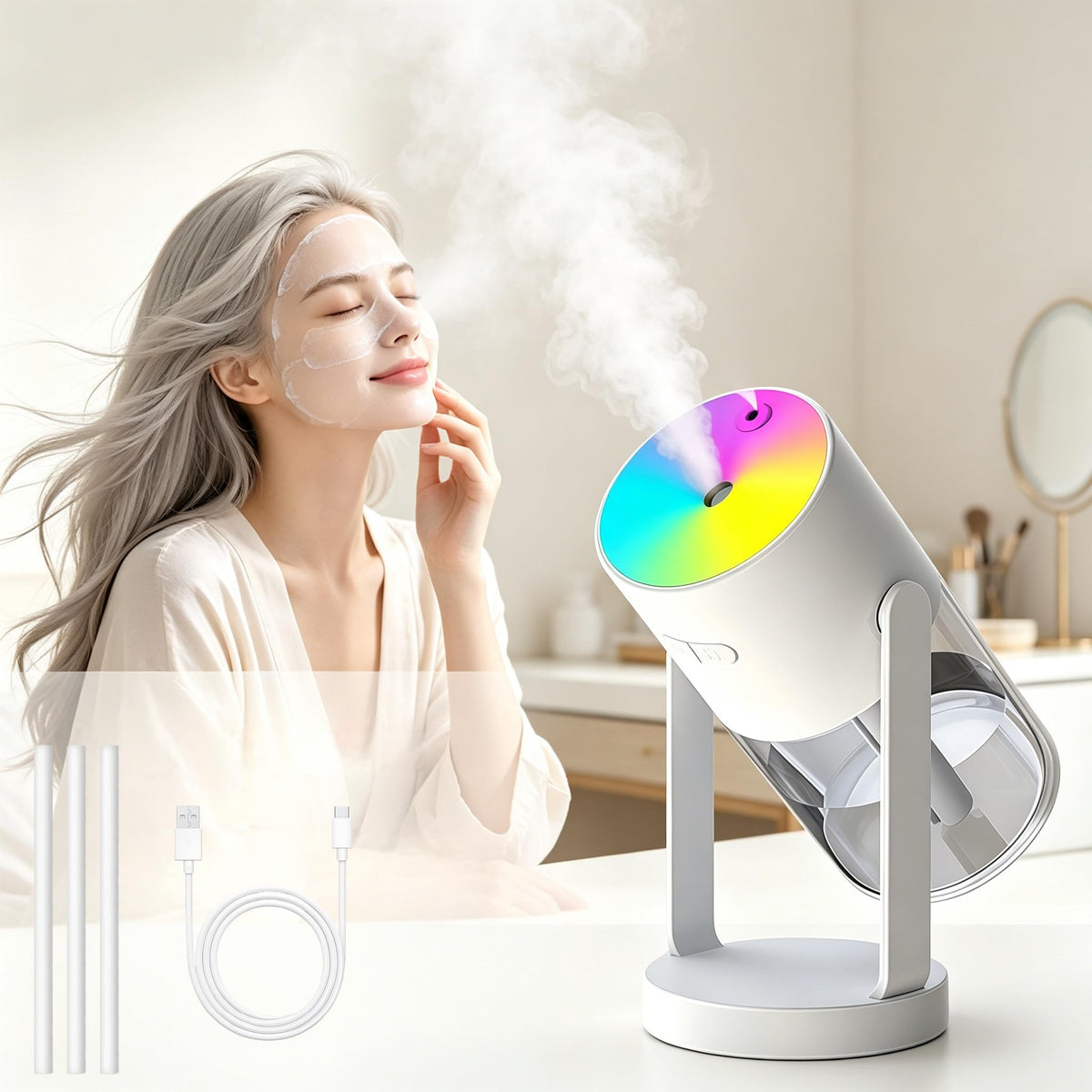 UEISODC bedroom humidifier, desktop USB humidifier, car air freshener, relieves tight skin, cough, nasal congestion, allergies and dry air,With automatic shutdown, silent operation
