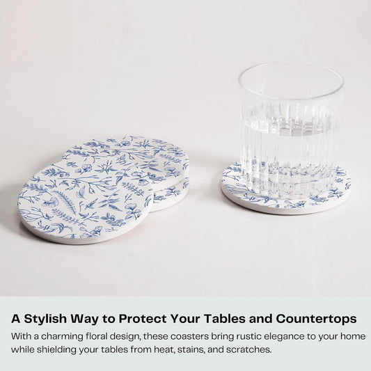 Set of 6 Floral Blue and White Coasters with Holder, Absorbent Ceramic Drink Coasters with Cork Backing for Table Protection, Coffee Table Décor