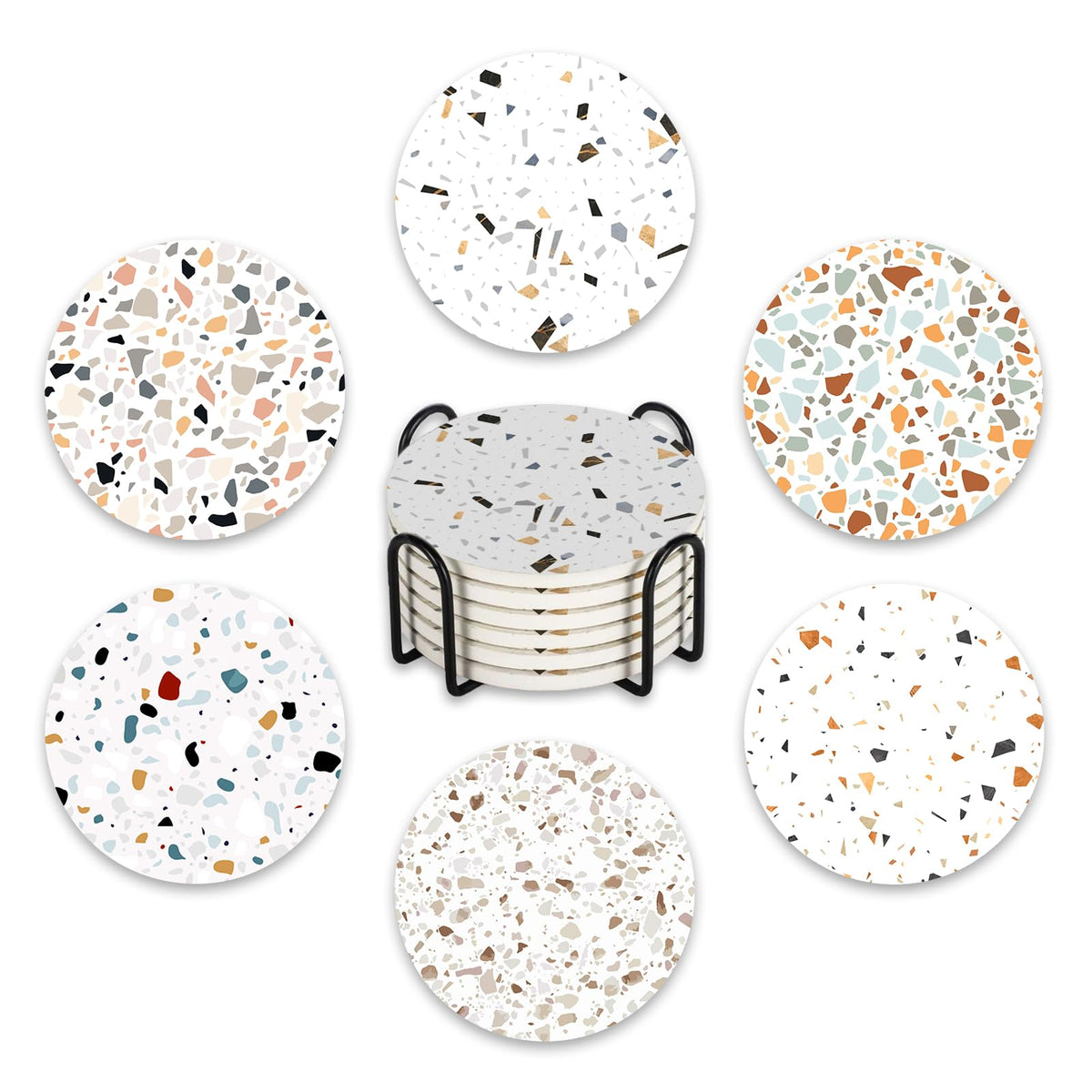 Terrazzo Ceramic Coasters with Holder Set of 6