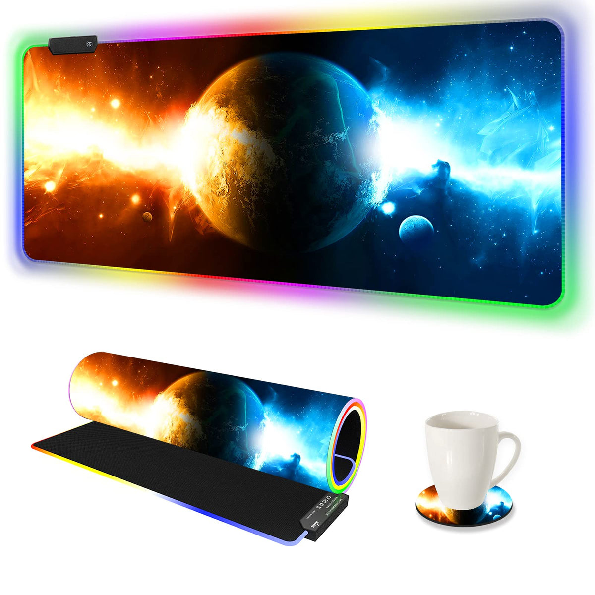 ARTSO RGB Gaming Mouse Pad Large, Extended LED Mouse Mat XXL 35.4x15.7 inch, 14 Lighting Modes, 2 Brightness, Non-Slip Rubber Base Mousepad Waterproof Keyboard Mat,Fantasy Nebula Sky