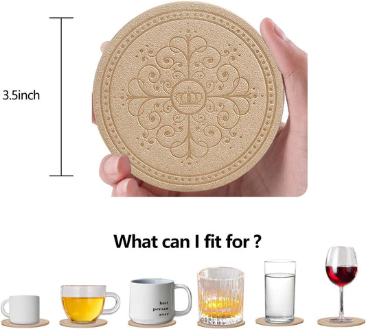 Coasters Set of 6 - PU Leather Coasters for Drinks with Holder - Gold