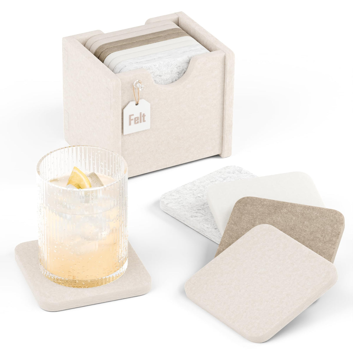 Fluxynara Felt Coasters with Holder, Set of 8 for Drinks, Sage
