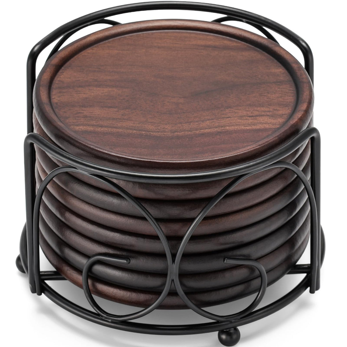 Wood Coasters Set of 8 with Leather Holder, 100% Wooden Coasters for Drinks