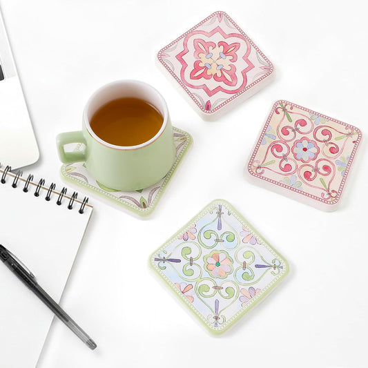 Coasters Set of 4, Square Drink Coasters Vintage Diatomite Coaster Cup Mats