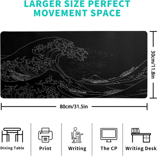 Brecoy Japanese Sea Wave Large Mouse Pad, Anime Black Gaming, Extended Kanagawa Mat Desk Pad, 3mm Thick Long Non-Slip Rubber Base Mice Pad, 31.5 X 11.8 Inch