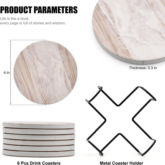 6Pcs Absorbent Coasters Set with Holder,Ceramic Drink Coaster,4 in(A6)