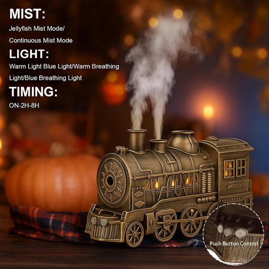 300ml Train Essential Oil Diffuser, 2 Color LED Vintage steam Christmas Train Aromatherapy Diffuser, 2 Dual Mist Modes Train Cool Mist Air Desktop Aroma Humidifier, 2/8 Hour Timer Auto Shut-Off
