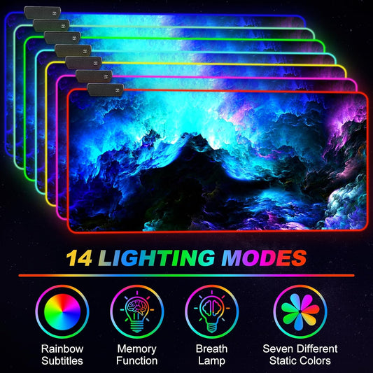 ARTSO RGB Gaming Mouse Pad Large, Extended LED Mouse Mat XXL 35.4x15.7 inch, 14 Lighting Modes, 2 Brightness, Non-Slip Rubber Base Mousepad Waterproof Keyboard Mat,Fantasy Nebula Sky