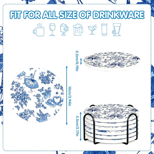 Blue and White Coasters Set of 6, Blue White Floral Ceramic Coasters with Holder Cork Base, Drink Absorbent Coffee Table Protection Home Decor, Christmas Housewarming Gifts