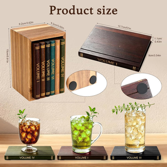 Book Coasters Set of 6 | Wood Coasters - Book-Style Decorative Wooden Coasters for Drinks with Stand | Vintage Novelty Bar Coasters for Coffee, Tea & Cocktail | Unique Library Decor Accent Gift