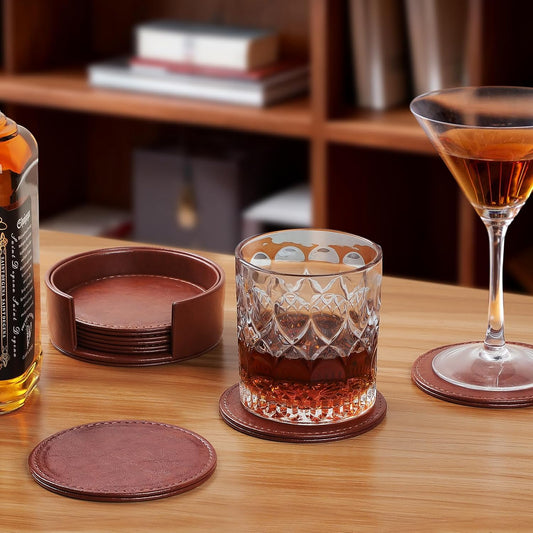 Leather Coasters Set of 6 with Holder, Tabletop Protection, Coffee Table & Bar Decoration, Modern-Style Drink Coasters Suitable for Home Dining Tables & Kitchen Accessories (Brown)