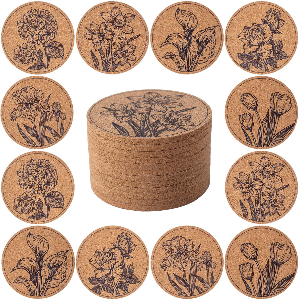 Cork Coasters for Drinks Absorbent Non Slip 12pcs 4 Inch Flower