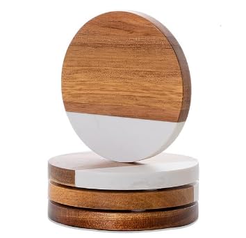 WLWNWFT Marble Acacia Wood Drinks Coasters Set of 4, Modern Rustic Wooden Coasters for Drinks Coffee Table Dining Table Desk Christmas Housewarming Home Office