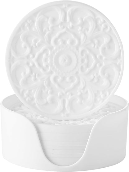 Colinda Silicone Coasters - Set of 6 with Holder, Non-Slip Cup Mats for Hot and Cold Drinks, Decorative Designs, Gift Ready Packaging, White