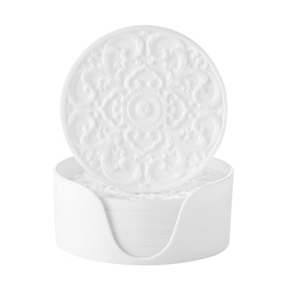 Colinda Silicone Coasters - Set of 6 with Holder, Non-Slip Cup Mats for Hot and Cold Drinks, Decorative Designs, Gift Ready Packaging,Beige