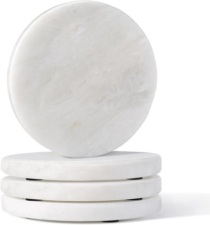 Koville Marble Coaster Set of 4, Round White Coasters, 4" Cup Coasters for Drinks, Heat Resistant Coaster for Coffee Table Home Office Bar Decor(Namib Fantasy)