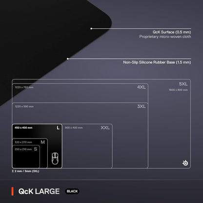 SteelSeries QcK Large Gaming Mousepad — Black — Non-Slip Silicone Rubber Base — Peak Tracking and Stability — Optimized for Gaming Sensors — 490 mm x 420 mm — FPS, MOBAs, RTS, MMO