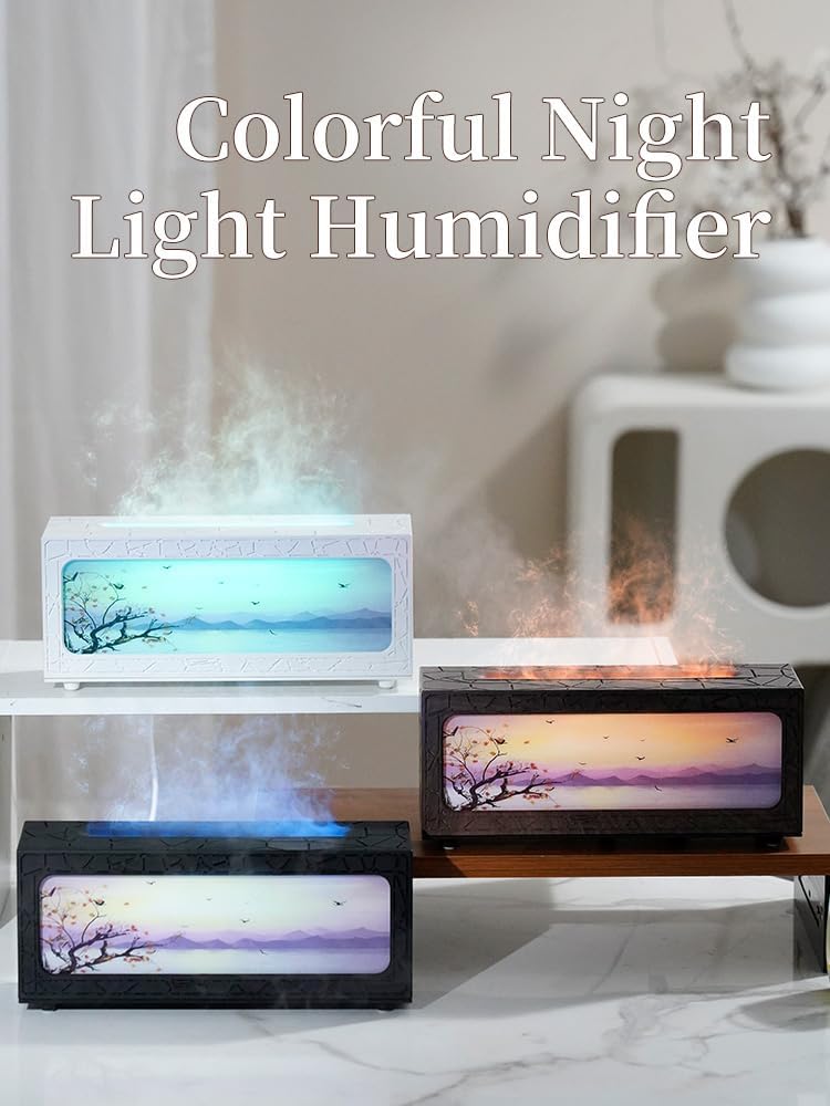 Essential Oil Diffusers Ultrasonic Fireplace Flame Aromatherapy Diffuser, Auto Shut-Off, Timer Setting, 7 Colors LED Lights Changing for Home, Office, Spa 200ml (White)