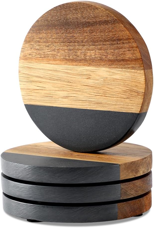 WLWNWFT Marble Acacia Wood Drinks Coasters Set of 4, Modern Rustic Wooden Coasters for Drinks Coffee Table Dining Table Desk Christmas Housewarming Home Office