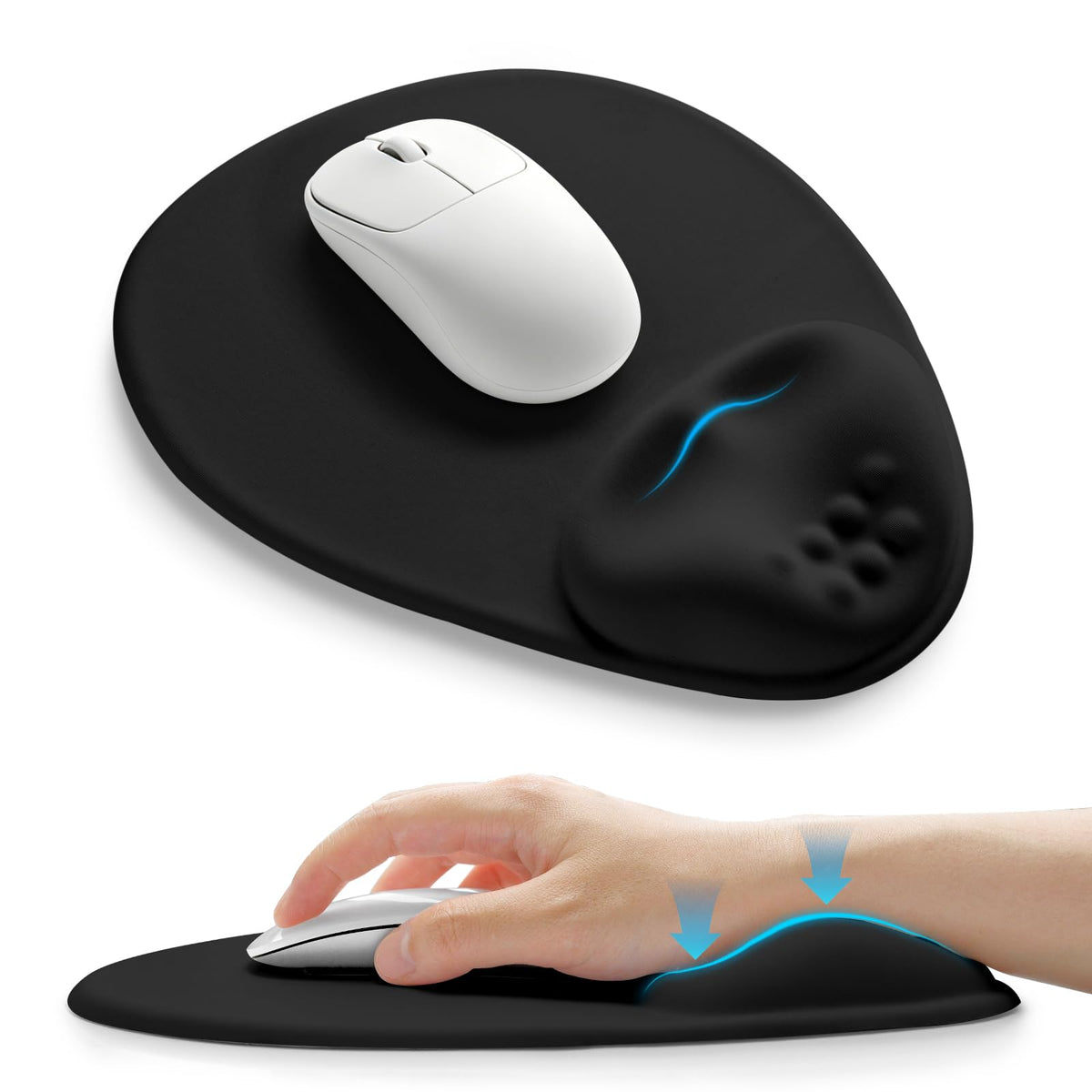 Palm-Rest and Wrist-Hugging Mouse Pad Wrist Rest, Ergonomic Wrist Support with Curve Fitting Cushioned Memory Foam for Carpal Tunnel Pain Relief, 9.9 x 8.3 Inch, Dark Night Black