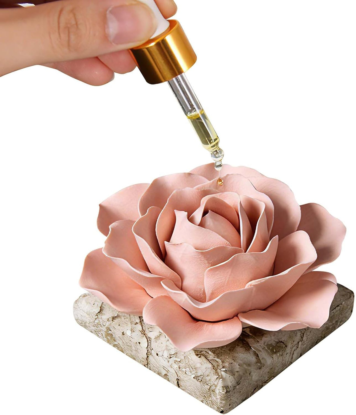 Ceramic Passive Essential Oil Diffuser, Aesthetic Desktop Handmade Flower & Concrete Base, Porcelain Aromatherapy Oils Diffuser for Home, Office, Yoga, Spa Room (Pink Peony)