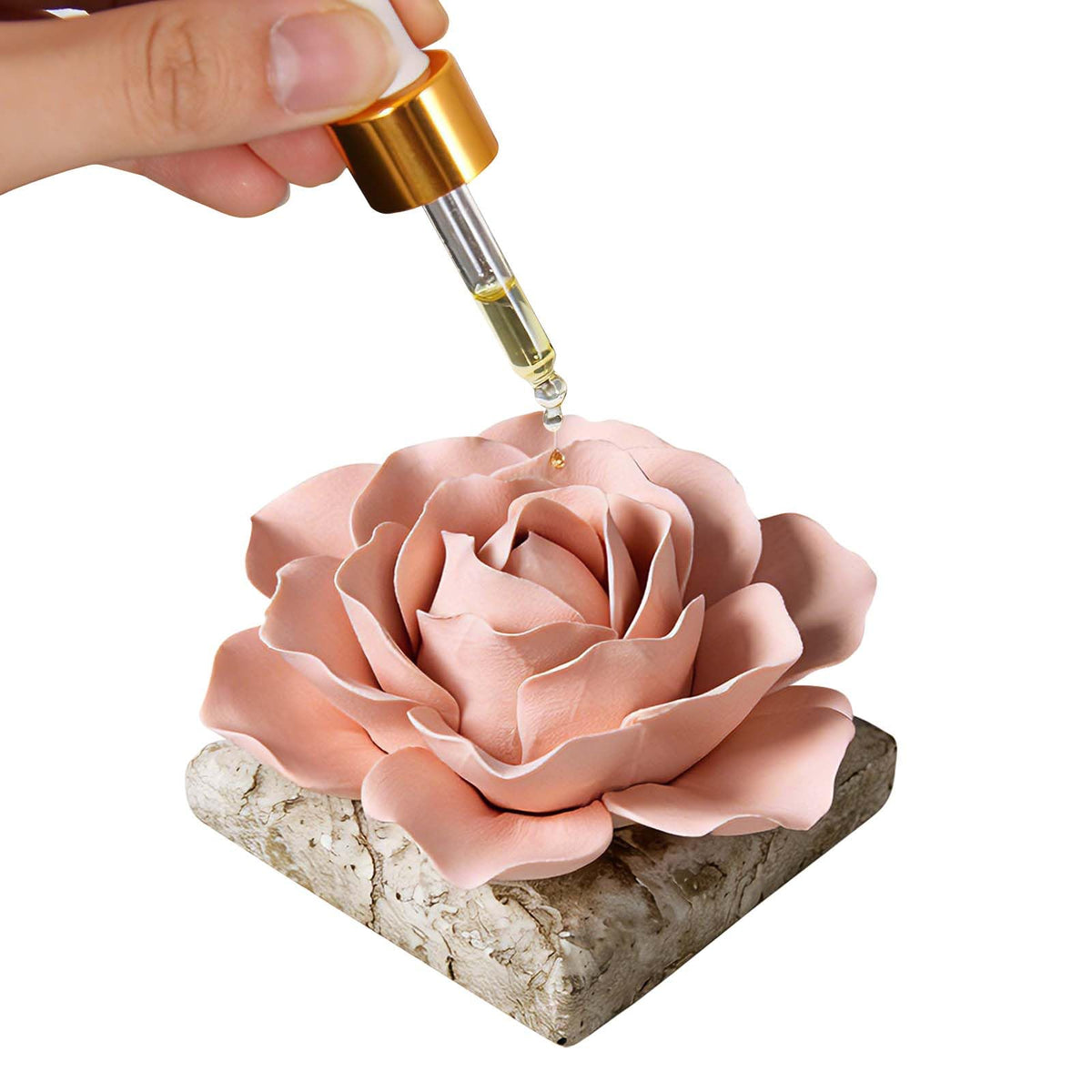 Ceramic Passive Essential Oil Diffuser, Aesthetic Desktop Handmade Flower & Concrete Base, Porcelain Aromatherapy Oils Diffuser for Home, Office, Yoga, Spa Room (Pink Peony)
