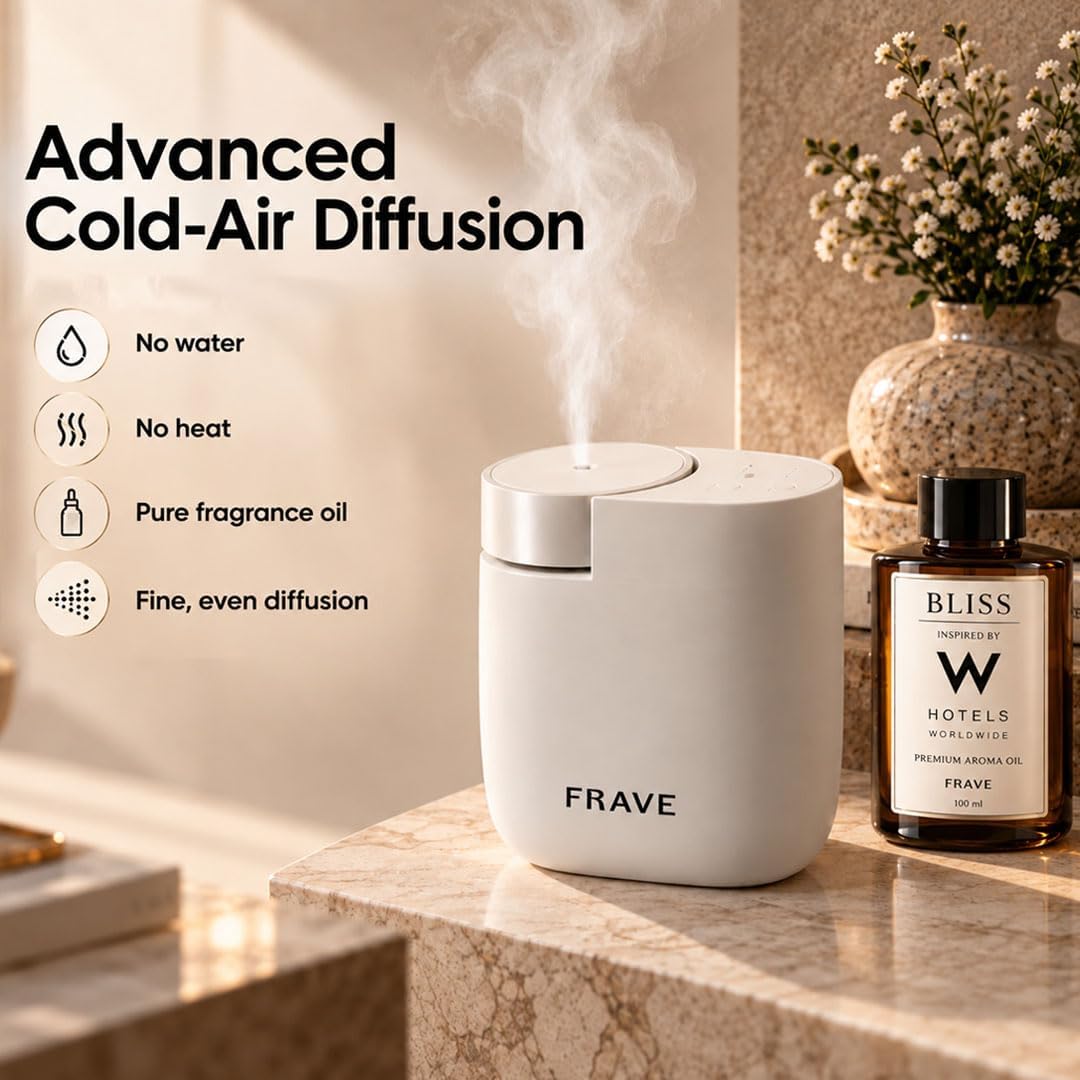 Air Lux Diffuser with Aroma Oil, Plug-in Waterless Essential Oil Diffuser, Smart Bluetooth App Control, Covers Up to 500 sq ft, 60ml Capacity, Cold Air Scent Technology, White