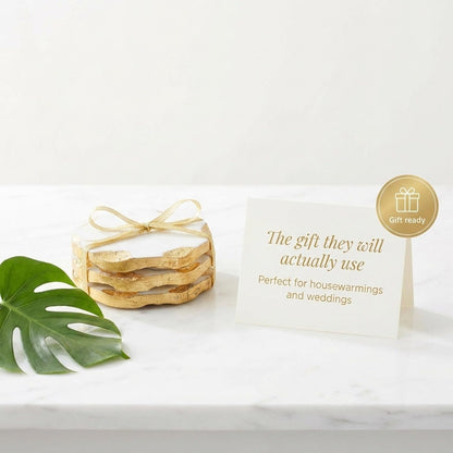 Godinger Marble Coasters Set of 4, Round Gold Edge Drink Coasters for Table