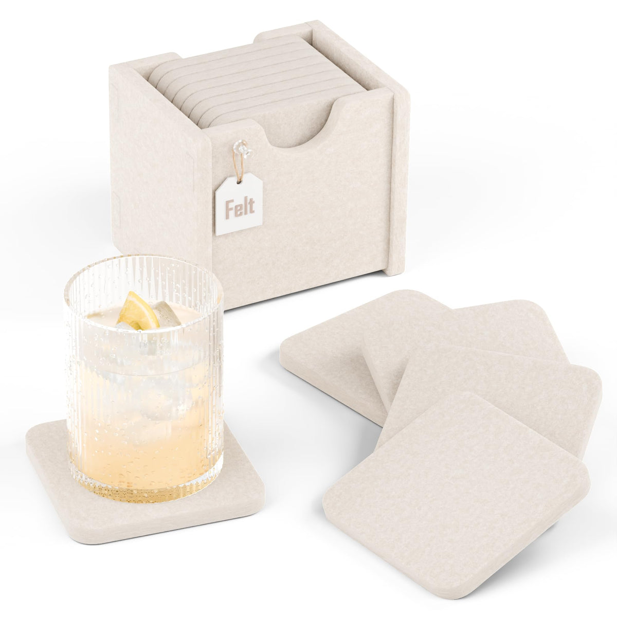 Fluxynara Felt Coasters with Holder, Set of 8 for Drinks, Sage