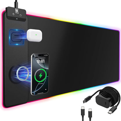 XXL Mouse Pad with Phone Holder - Black, RGB Desk Mat with 15W Fast Charging, LED Gaming Mousepad with 11 Light Colors, Waterproof Non-Slip Pad for Office & Home (Black with PD Adapter)