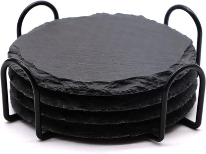 4 PCS Round Slate Drink Coasters Set, SIJDIEE 4 Inch Laser Engraving Black Slate Stone Coasters with Anti-Scratch Bottom and Coaster Holder for Office Bar Kitchen Home Dinner Table Decor Supplies