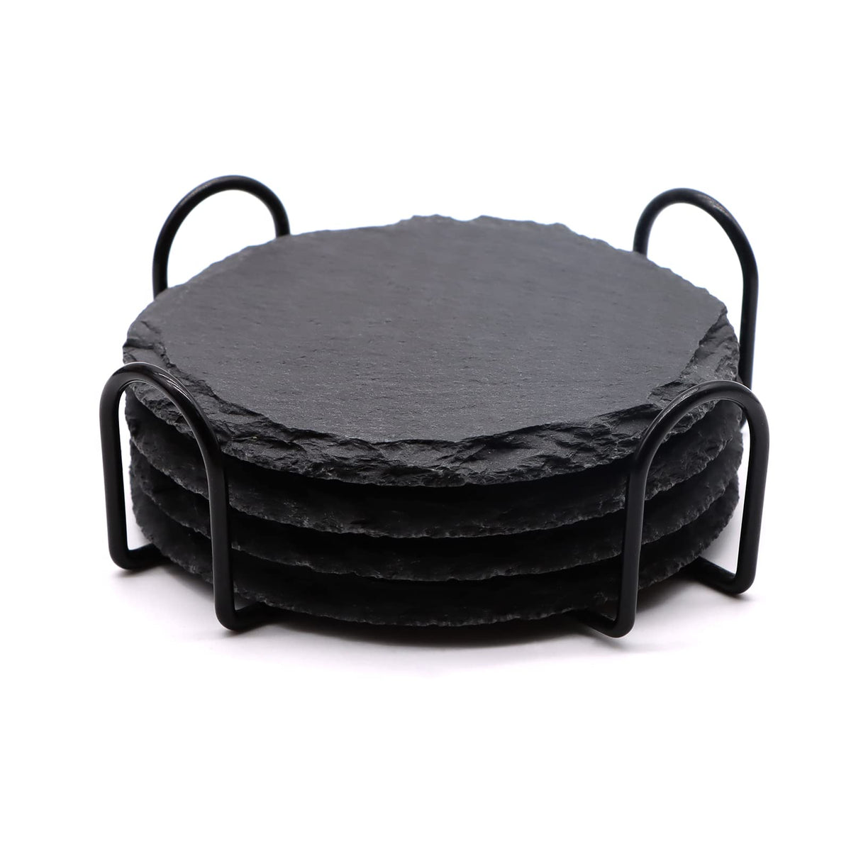 4 PCS Round Slate Drink Coasters Set, SIJDIEE 4 Inch Laser Engraving Black Slate Stone Coasters with Anti-Scratch Bottom and Coaster Holder for Office Bar Kitchen Home Dinner Table Decor Supplies