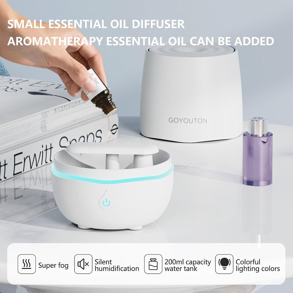 Essential Oil Diffuser, 200ML Diffusers for Home Scent Aromatherapy Diffuser Air Desk Humidifier Oil Diffuser romfor Bedroom Room Office with 7 Color LED Lights Quiet Waterless Auto Shuts-off (White)