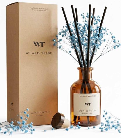 WEALD TRIBE Flower Reed Diffuser Set Eucalyptus & Lavender Scent for Room Bathroom Accessories Shelf Decor & Air Fresheners, Sticks Defusers with 4.0 fl oz Home Fragrance Oils, Office Gift