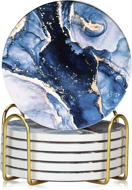 Drink Coasters with Holder 6 Pack, Ceramic Marble Style, Absorbent Abstract Coasters Set, 4in Cup Mat for Any Cups, Home, Living Room Decor, Tabletop-Protection for Coffee Beverage-Navy Blue