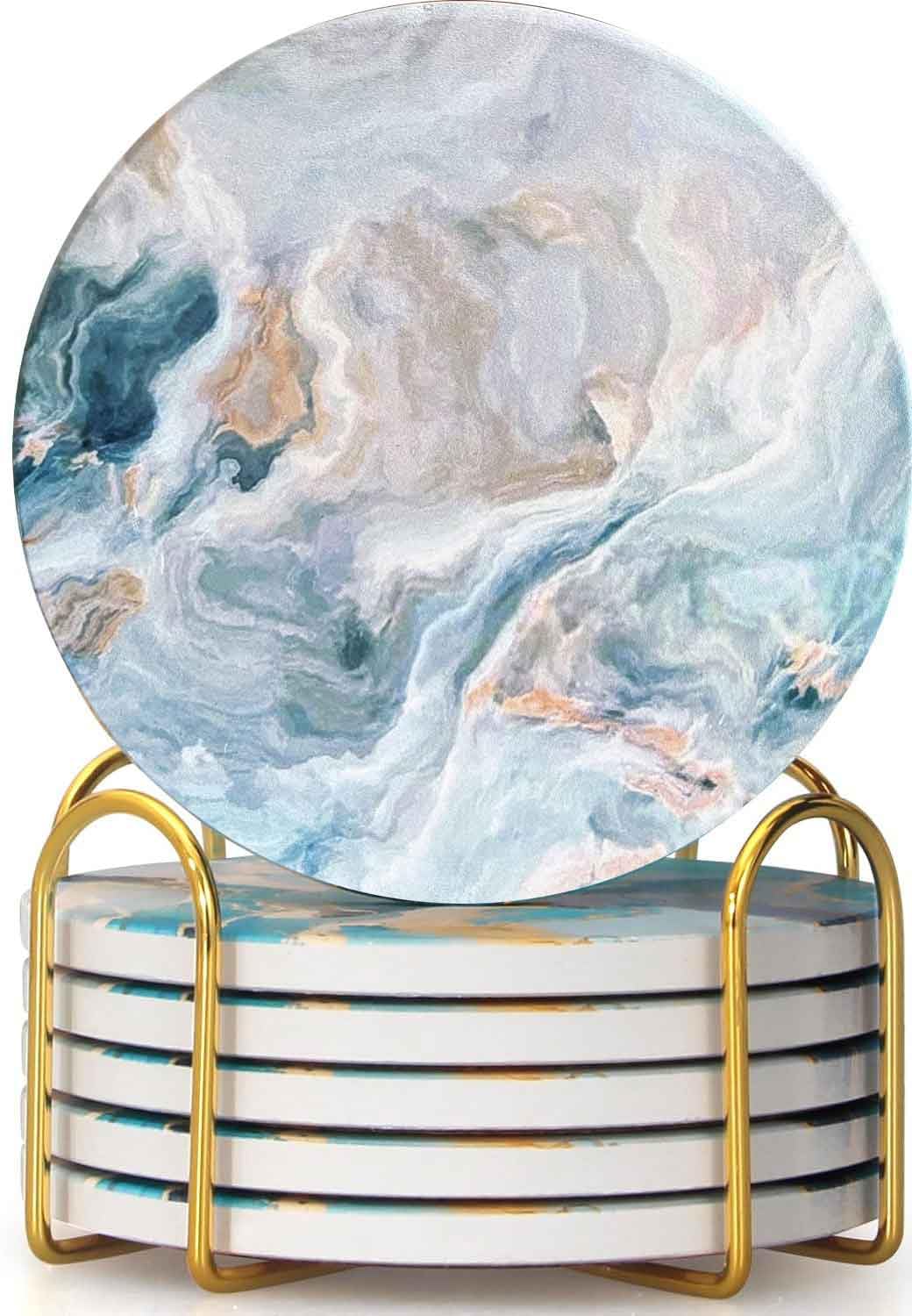 Drink Coasters with Holder 6 Pack, Ceramic Marble Style, Absorbent Abstract Coasters Set, 4in Cup Mat for Any Cups, Home, Living Room Decor, Tabletop-Protection for Coffee Beverage-Navy Blue