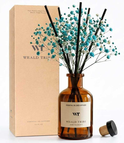 WEALD TRIBE Flower Reed Diffuser Set Eucalyptus & Lavender Scent for Room Bathroom Accessories Shelf Decor & Air Fresheners, Sticks Defusers with 4.0 fl oz Home Fragrance Oils, Office Gift