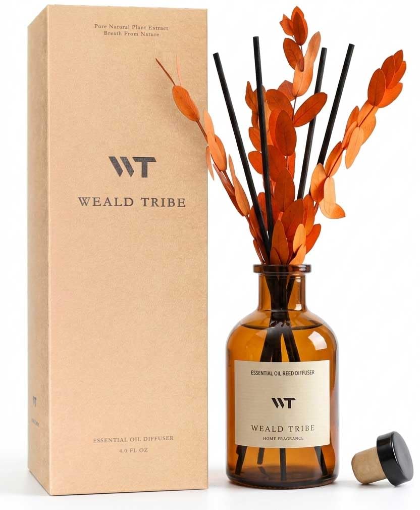 WEALD TRIBE Flower Reed Diffuser Set Eucalyptus & Lavender Scent for Room Bathroom Accessories Shelf Decor & Air Fresheners, Sticks Defusers with 4.0 fl oz Home Fragrance Oils, Office Gift
