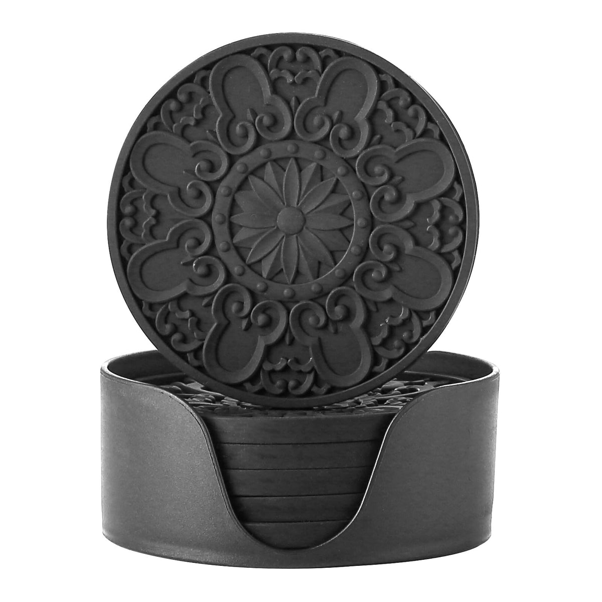 Colinda Silicone Coasters - Set of 6 with Holder, Non-Slip Cup Mats for Hot and Cold Drinks, Decorative Designs, Gift Ready Packaging,Beige