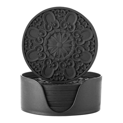Colinda Silicone Coasters - Set of 6 with Holder, Non-Slip Cup Mats for Hot and Cold Drinks, Decorative Designs, Gift Ready Packaging,Beige