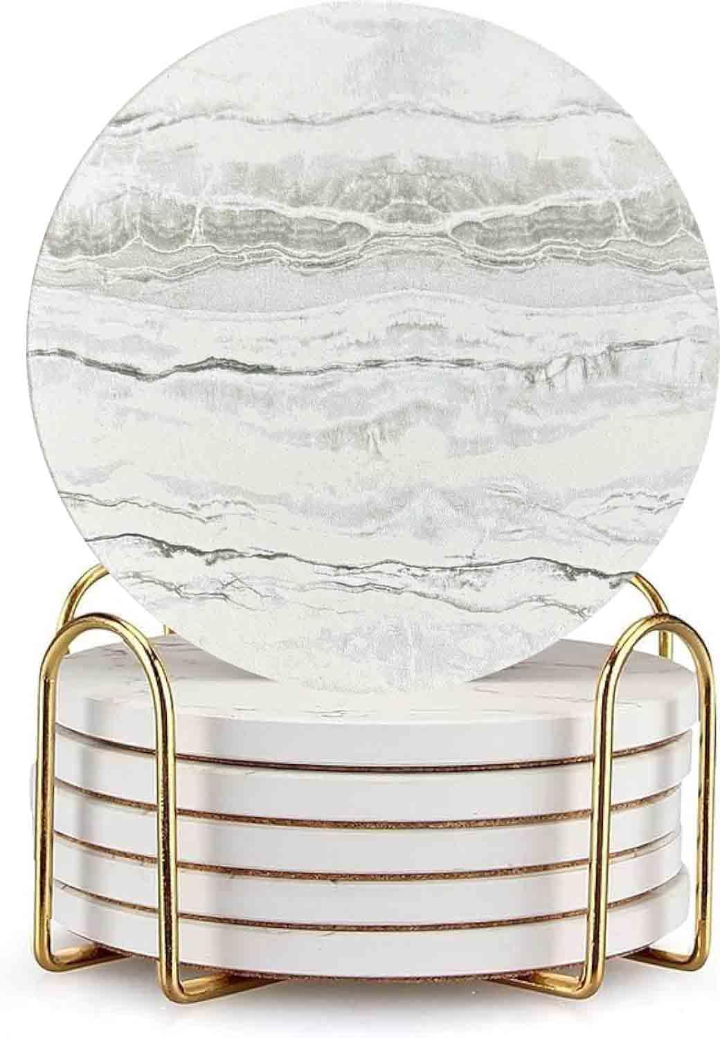 Drink Coasters with Holder 6 Pack, Ceramic Marble Style, Absorbent Abstract Coasters Set, 4in Cup Mat for Any Cups, Home, Living Room Decor, Tabletop-Protection for Coffee Beverage-Navy Blue