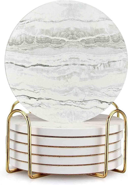 Drink Coasters with Holder 6 Pack, Ceramic Marble Style, Absorbent Abstract Coasters Set, 4in Cup Mat for Any Cups, Home, Living Room Decor, Tabletop-Protection for Coffee Beverage-Navy Blue